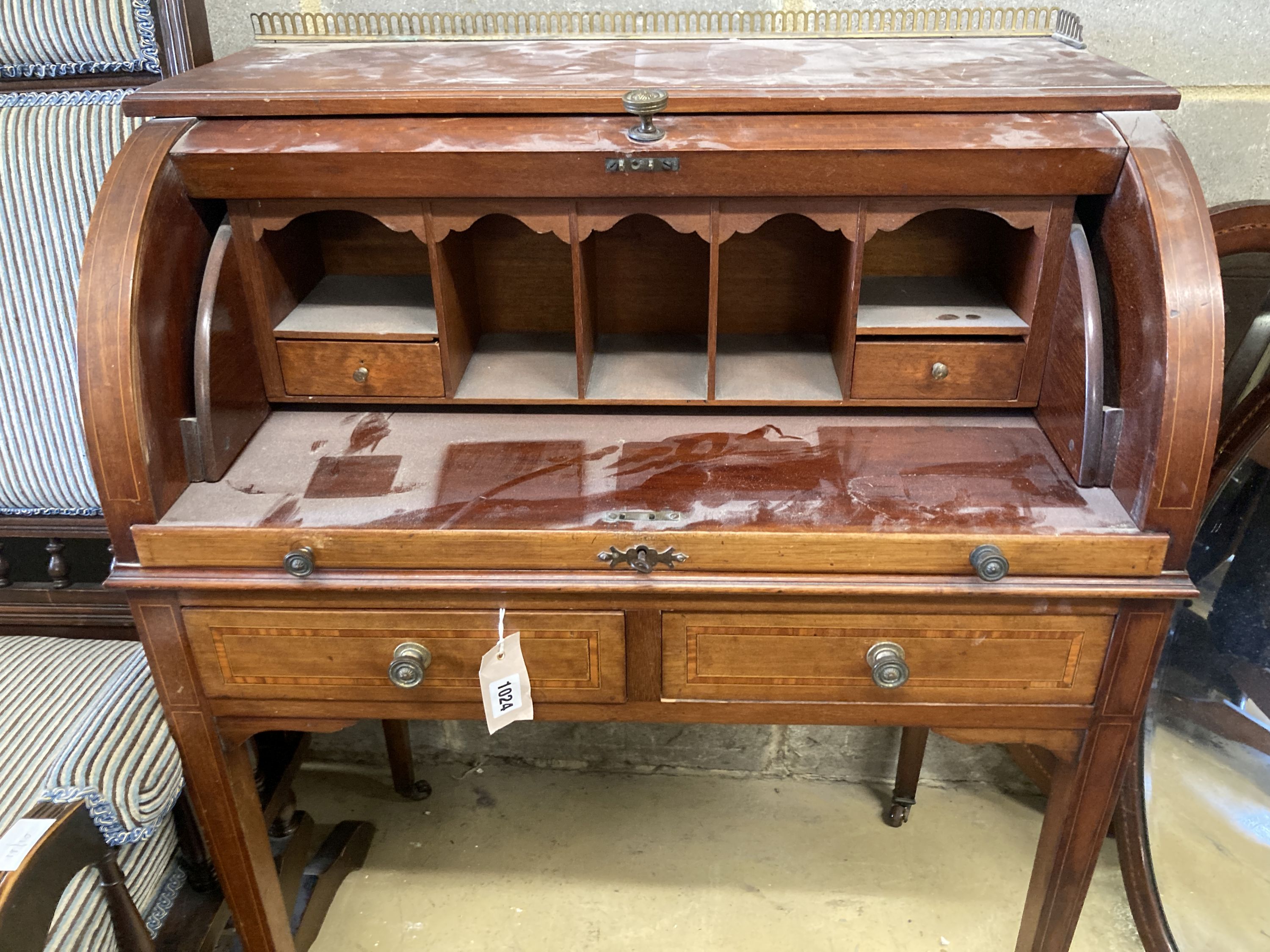 An Edwardian satinwood banded mahogany cylinder bureau, width 75cm, depth 47cm, height 98cm